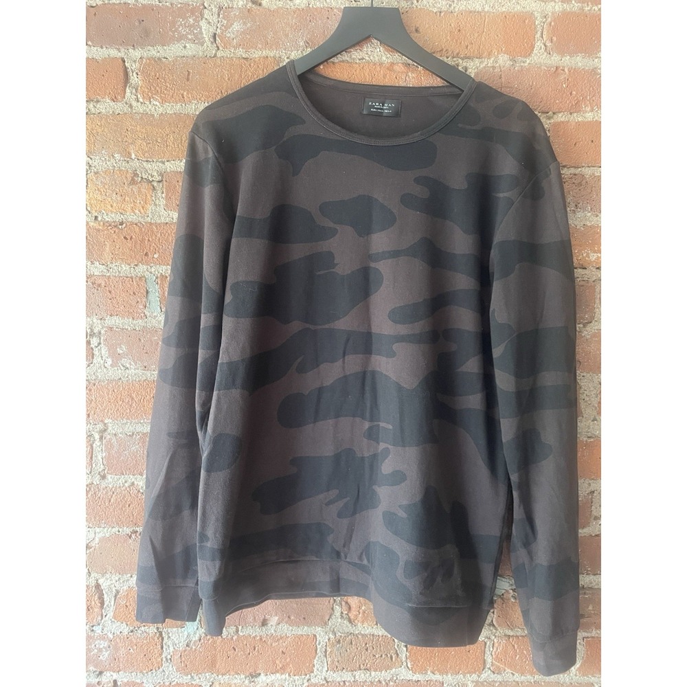 Zara Crewneck Sweatshirt Men Size Large Brown / Black Camo Long Sleeve